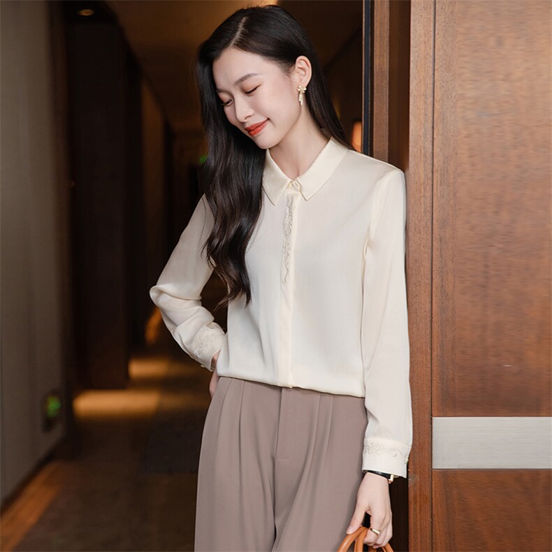 纯色绣花真丝衬衫女长袖宽松2026春季妈妈纯色衬衣显瘦真丝上衣,女装衬衫,阿舍尔精品