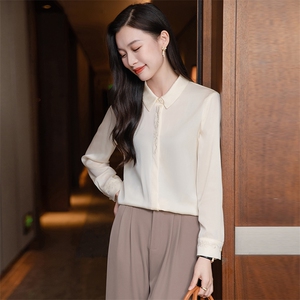 纯色绣花真丝衬衫女长袖宽松2026春季妈妈纯色衬衣显瘦真丝上衣图片