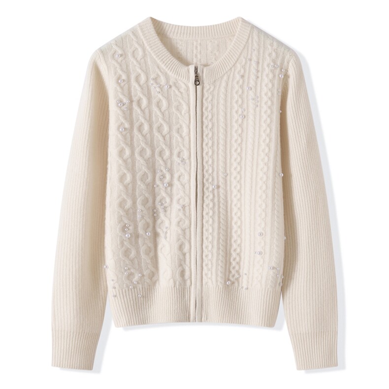 2025秋冬百搭时尚简约圆领钉珠开衫针织衫，女装羊绒衫，昭美纯山羊绒