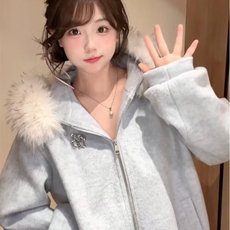 秋冬季绝美巨好看韩系学院风连帽大衣毛领加棉毛呢卫衣外套上衣，女装短外套，星座218-8