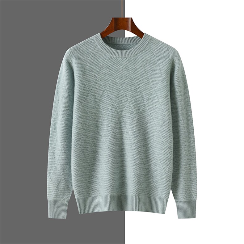 秋季新款男士圆领套头菱形格子加厚全身席编毛衣，男装羊绒套衫，隆格羊绒