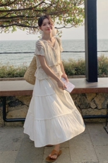 波西米亚度假风钩花镂空v领针织衫短袖女夏吊带裙设计感两件套裙，女装套装/套裙，2C166