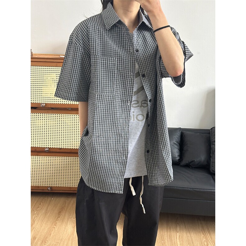 格子衬衫春夏美式短袖衬衫港风情侣装休闲衬衣CS286-P30,男装T恤,星座301C-5