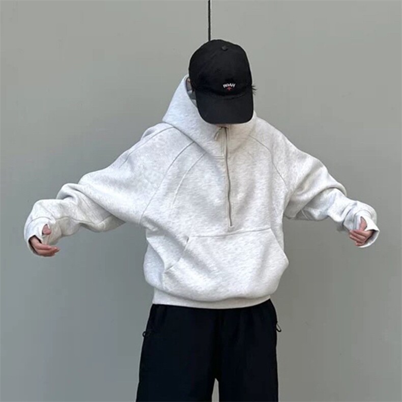 抖音得物二开 美式重磅宽松结构拉链设计防风高领连帽卫衣外套W76图片