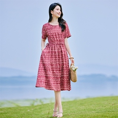 棉麻连衣裙夏装2025新款高级感大码女装气质法式小众设计碎花裙子，女装连衣裙，铭街依杨