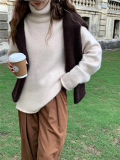 时尚百搭经典加厚卷边高领羊毛衫显瘦修身红色长袖毛衣，女装羊毛衫，圣旺供货