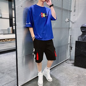 2023夏季棉质短袖t恤男潮流帅气宽松工装裤五分袖套装男F179P70图片