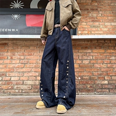 GENIOLAMODE排扣设计弯刀牛仔裤男士2025秋季新款美式直筒阔腿裤，男装休闲裤，电商A408