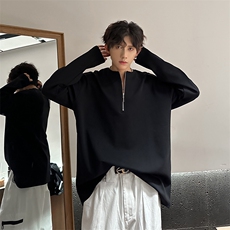 春秋美式复古华夫格半拉链纯色长袖T恤男高级感痞帅宽松百搭卫衣，男装T恤，电商A210A