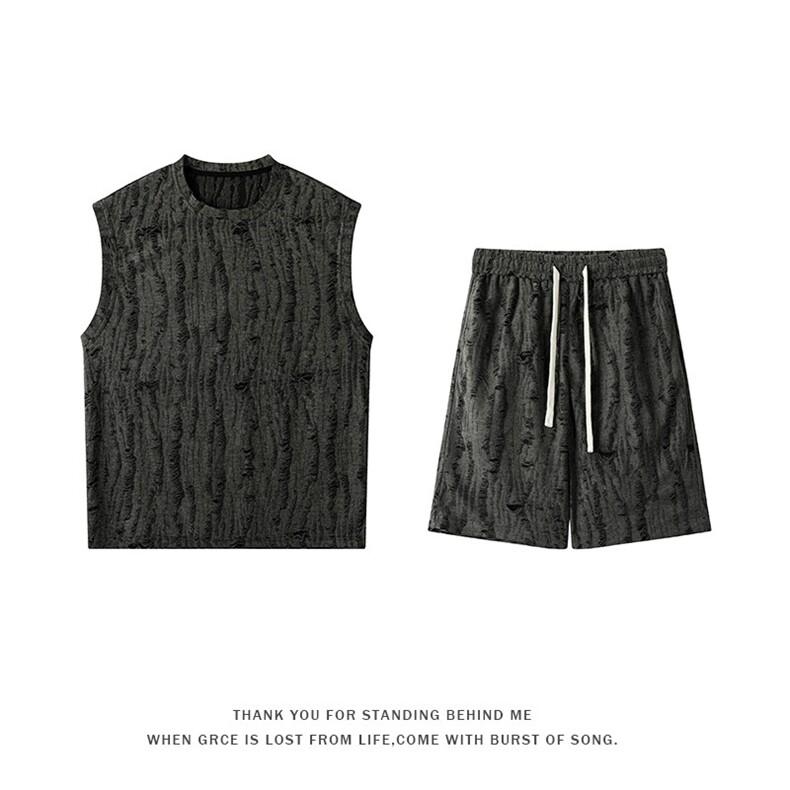 GENIOLAMODE运动套装镂空破洞坎肩背心男夏季薄款宽松无袖t恤一套，男装休闲套装，电商A001