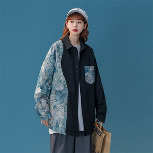 中性风花型拼接长袖衬衫女大码M-5XL情侣潮长袖衬衫男CS7714P60图片