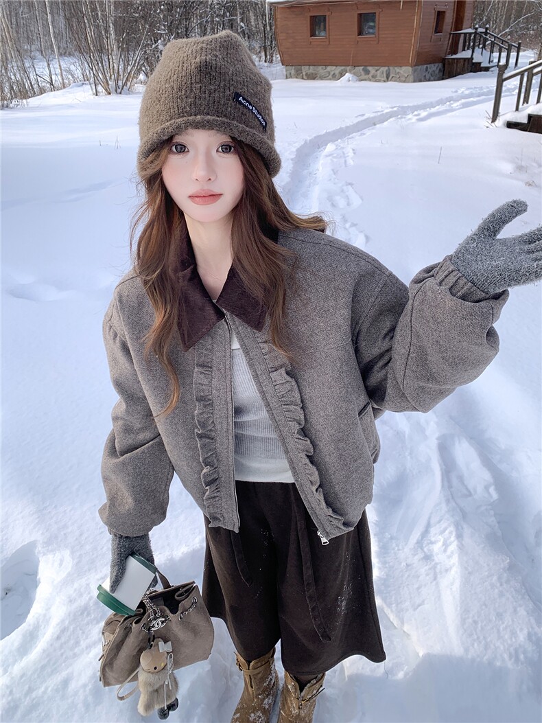 撞色翻领木耳边羊毛呢外套女冬季夹棉保暖呢子夹克女,女装棉衣/棉服,水衣源