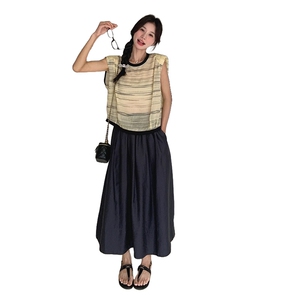 韩版慵懒风无袖条纹T恤套装女2025夏季新款显瘦高腰半身裙两件套图片