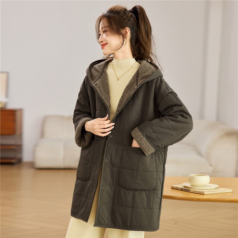叶笙衣82592棉布拼泰迪绒长款外套,女装棉衣/棉服,叶笙衣