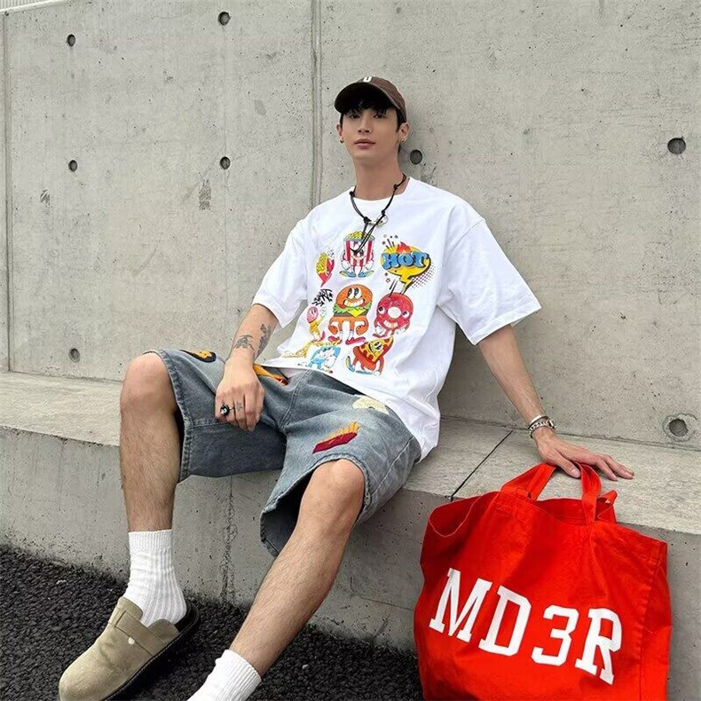 2025夏季新款创意卡通汉堡印花青少年休闲百搭五分牛仔裤,男装牛仔裤,星座410-6（原星座1304-1）