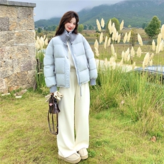 超好看蓝色针织拼接立领短款羽绒服女2025冬韩系甜美90白鸭绒外套，女装羽绒服，慧尚依恋