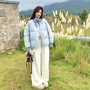 超好看蓝色针织拼接立领短款羽绒服女2025冬韩系甜美90白鸭绒外套图片