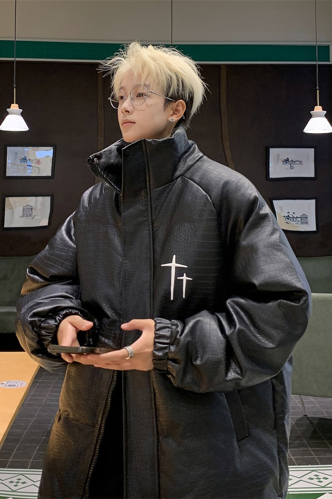 冬装PU皮鳄鱼纹刺绣羽绒棉服立领男外套M1604P100直播,男装棉衣,星座1904A-1