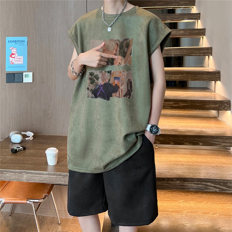 直播美式麂皮绒宽松背心无袖t恤短裤大码两件套套装TZ105-P58,男装T恤,电商A486