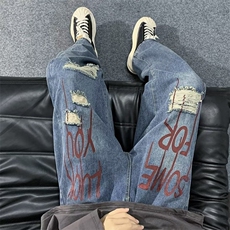 美式街头小众破洞牛仔裤印花复古嘻哈高街宽松休闲裤男N4030-P42，男装牛仔裤，星座1008