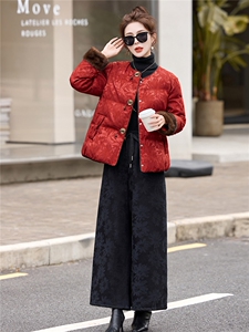 现货2025年冬装新款白鸭绒羽绒服中式提花套装休闲裤加绒阔腿裤女图片