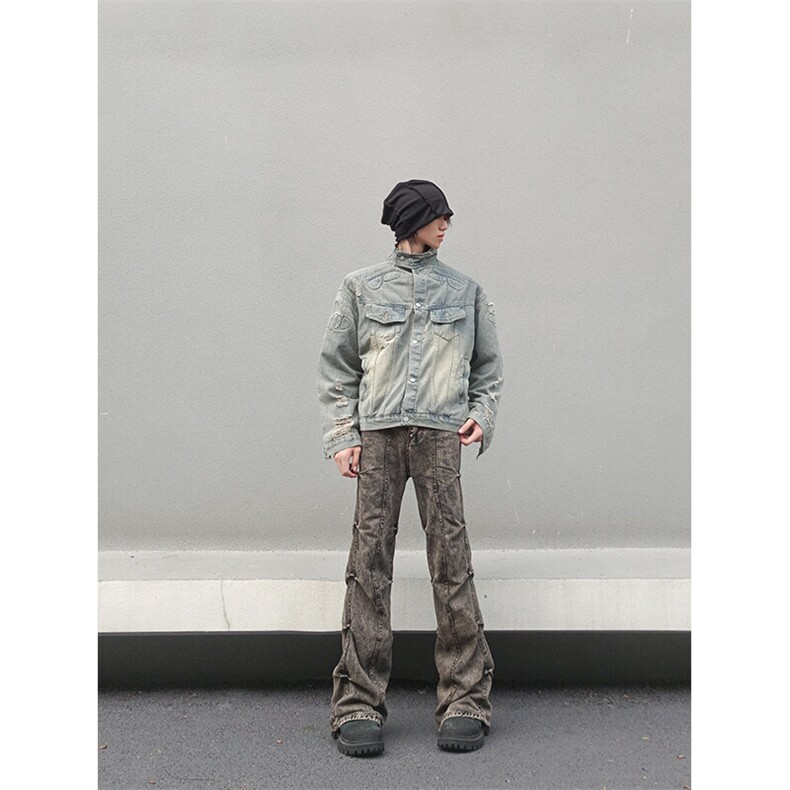 自家图现货！复古色黄泥褶皱牛仔裤微喇叭裤子RN8035-P75/已注册,男装牛仔裤,星座1005-4