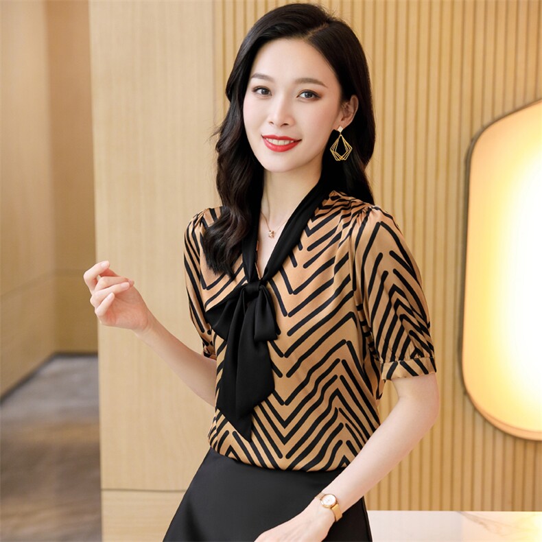 欧货条纹真丝衬衫女2022春新款蝴蝶结法式桑蚕丝大牌上衣欧货小,女装衬衫,阿舍尔精品