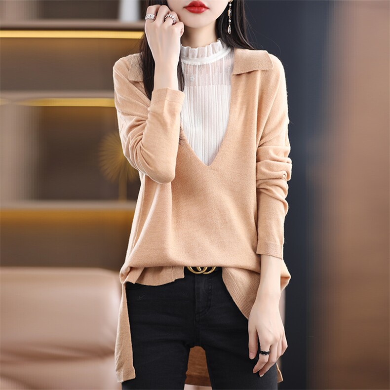 秋冬季通勤休闲精纺48支33%羊毛深V翻领羊毛衫，女装羊毛衫，朝思羊绒
