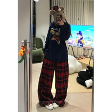 美式复古设计感拼色格子抽绳休闲裤百搭阔腿拖地长裤男女K5391，男装休闲裤，星座1116A（原606A-3）