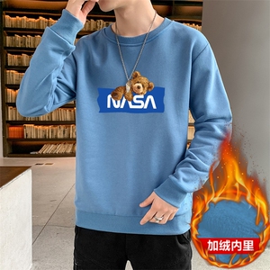 现货男士秋冬加绒卫衣潮流青少年学生休闲小熊印花上衣蓝大码打底