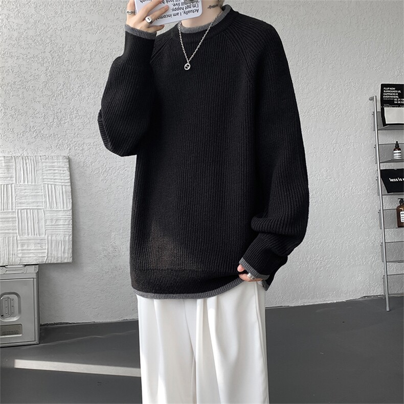 MY620-特P50控88秋冬老钱风撞色插肩袖套头毛衣男宽松复古针织衫,男装针织衫/毛衣,电商A058-1（原电商C417）