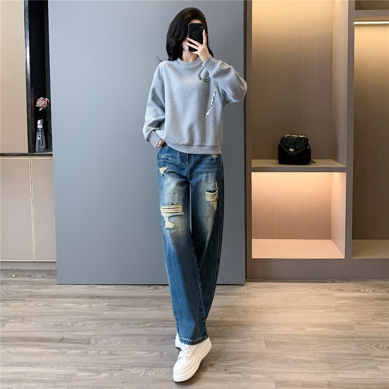 高级感时尚潮流套装女春新款修身显瘦圆领刺绣上衣牛仔长裤两件套,女装套装/套裙,江南
