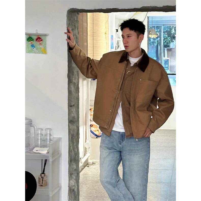 卡其色巴恩风外套男款初秋穿搭美式工装短款上衣纯棉拼接翻领夹克,男装夹克,星座506A