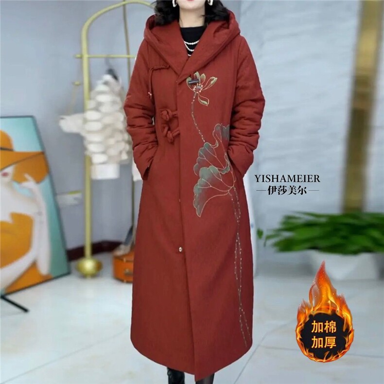 印花羽绒棉服女中长款修身刺绣盘扣高端气质棉衣棉袄外套冬，女装棉衣/棉服，韩蔻秀