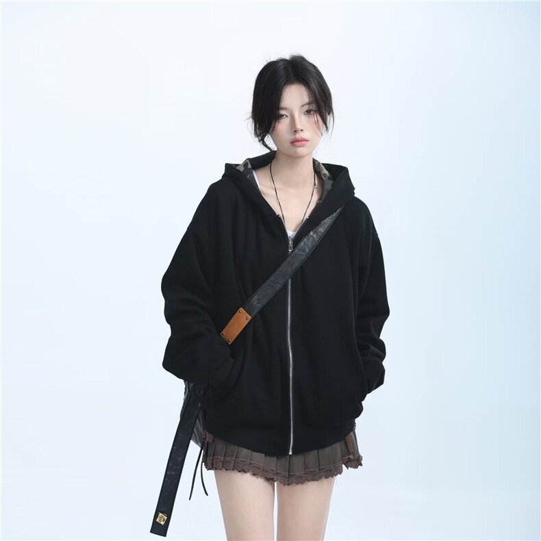 美式迷彩双面穿短款连帽开衫男女秋季宽松cleanfit情侣卫衣外套潮，男装夹克，星座506A