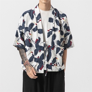 大码日系无影墙仙鹤夏装宽松披肩棉麻风衣开衫风风衣 F03/P45图片