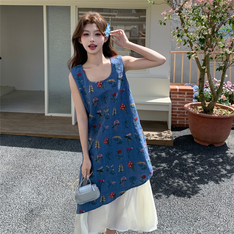 蓝色重工刺绣印花绝美背心长裙女夏新款森系显瘦时尚假两件连衣裙,女装连衣裙,浙宝208