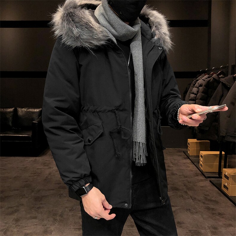 2019冬季新日系大码男店主风韩版毛领抽绳燕尾中长棉衣M730-P130图片