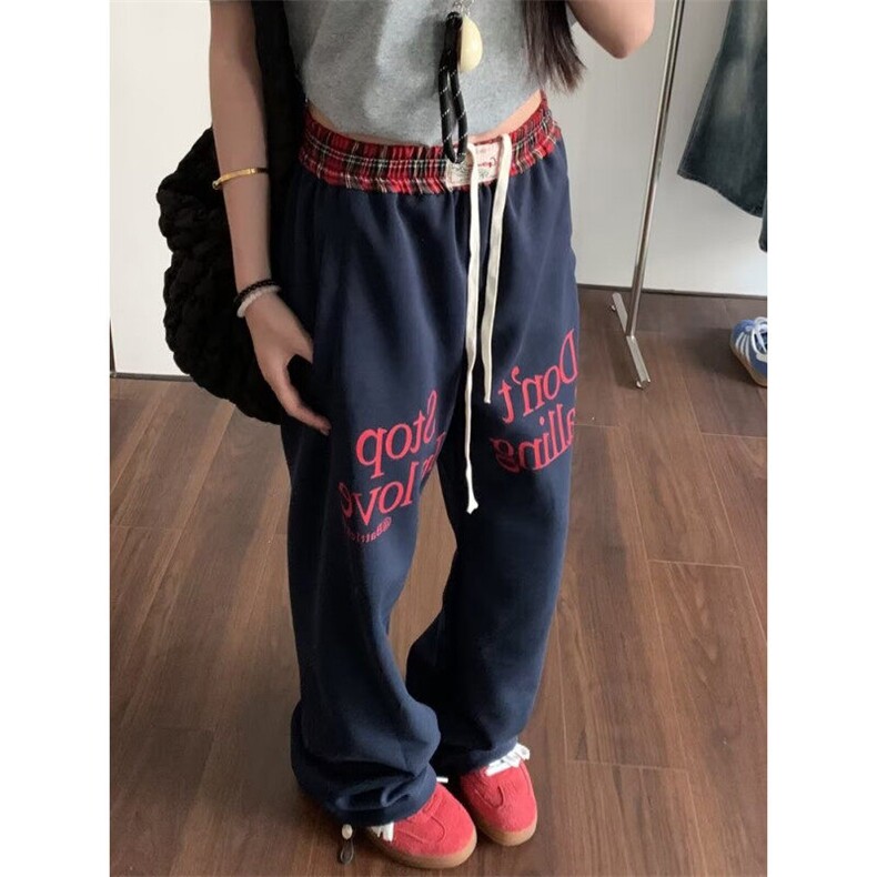 DK709-P55美式复古格子拼接运动街舞卫裤宽松女裤潮-网图现货,男装休闲裤,星座603-2