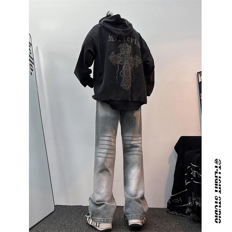 B221美式ins高街暗黑重工艺宽松直筒牛仔裤LK23125-P65控88,男装牛仔裤,电商B221