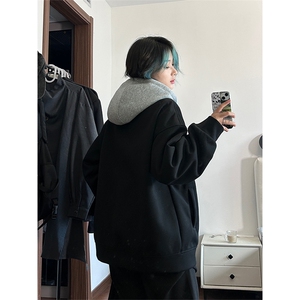 港风大码日系假两件男女情侣连帽开衫卫衣 XZ213-W2208-P88控108图片