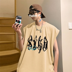 直播品质重磅纯棉220克美式印花宽松背心男女无袖t恤潮BX398P25，男装T恤，电商A486