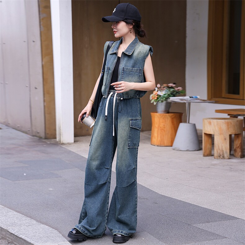 现货美式辣妹牛仔套装工装裤宽松显瘦休闲裤直筒阔腿裤子马甲，女装套装/套裙，美拉德工厂直营店