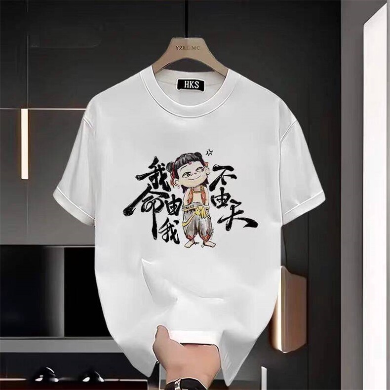 网络图现货美式复古小领口宽松哪吒印花纯棉短袖T恤JT1011-P35,男装T恤,星座715-7