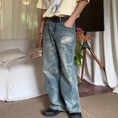 水洗做旧牛仔裤男秋季美式直筒拖地长裤炸街痞帅裤子NZ0057，男装牛仔裤，星座516A