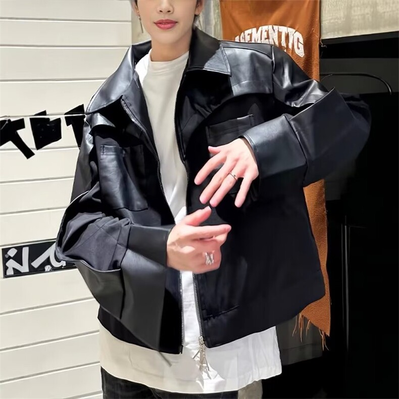 美式时尚短款垫肩翻领皮外套男高级拼接飞行夹克2610-P80,男装夹克,星座310A-4