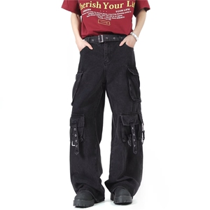 美式vibe高街口袋黑色工装牛仔裤男女秋宽松阔腿拖地裤RK3145-P72图片