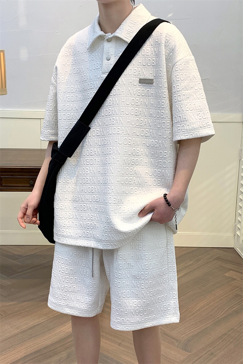 夏款学生立体提花半袖套装休闲翻领短裤T恤男女7802-P75控价108,男装T恤,电商A441-1