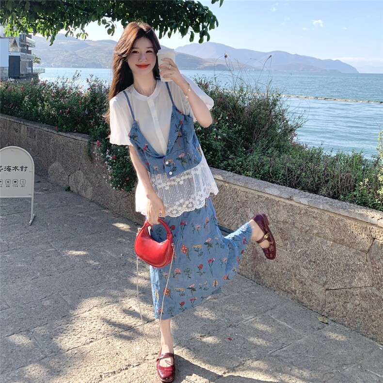 小香风蕾丝拼接假两件碎花衬衣半身裙套装女夏漂亮独特绝美两件套,女装套装/套裙,2D078