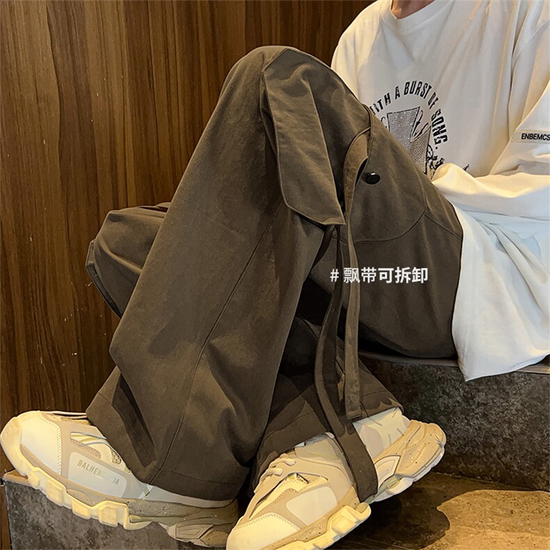 春季港风新款宽松纯色工装裤可拆卸飘带休闲裤,男装休闲裤,电商A102-1